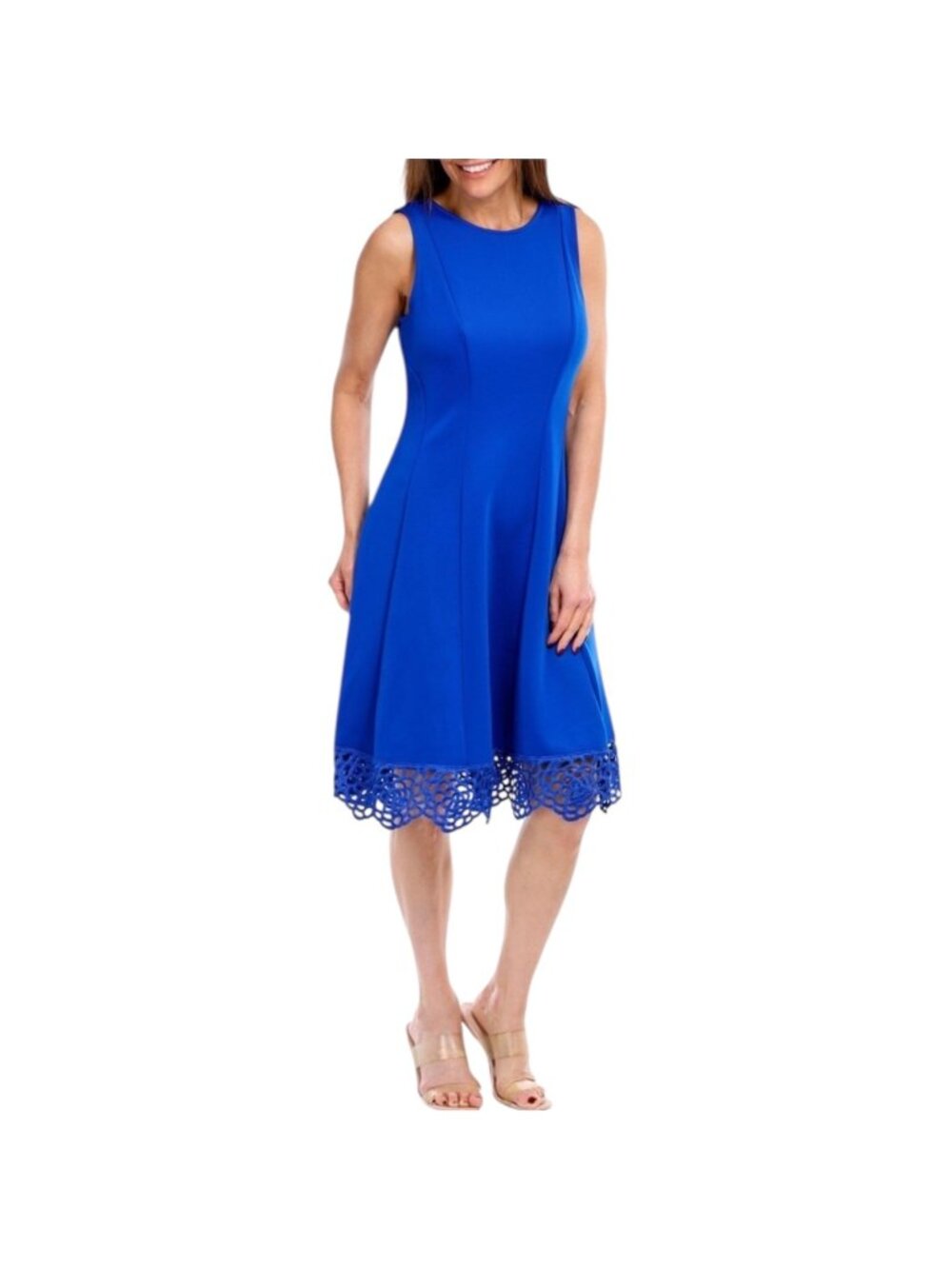 Donna Ricco Women's A-Line Blue Dress With Laser-Cut Hem, Sleeveless Size 14